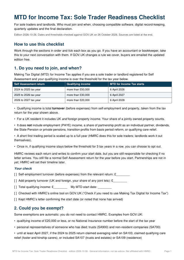 Page 1 of the Sole Trader Readiness Checklist, showing the start-date check